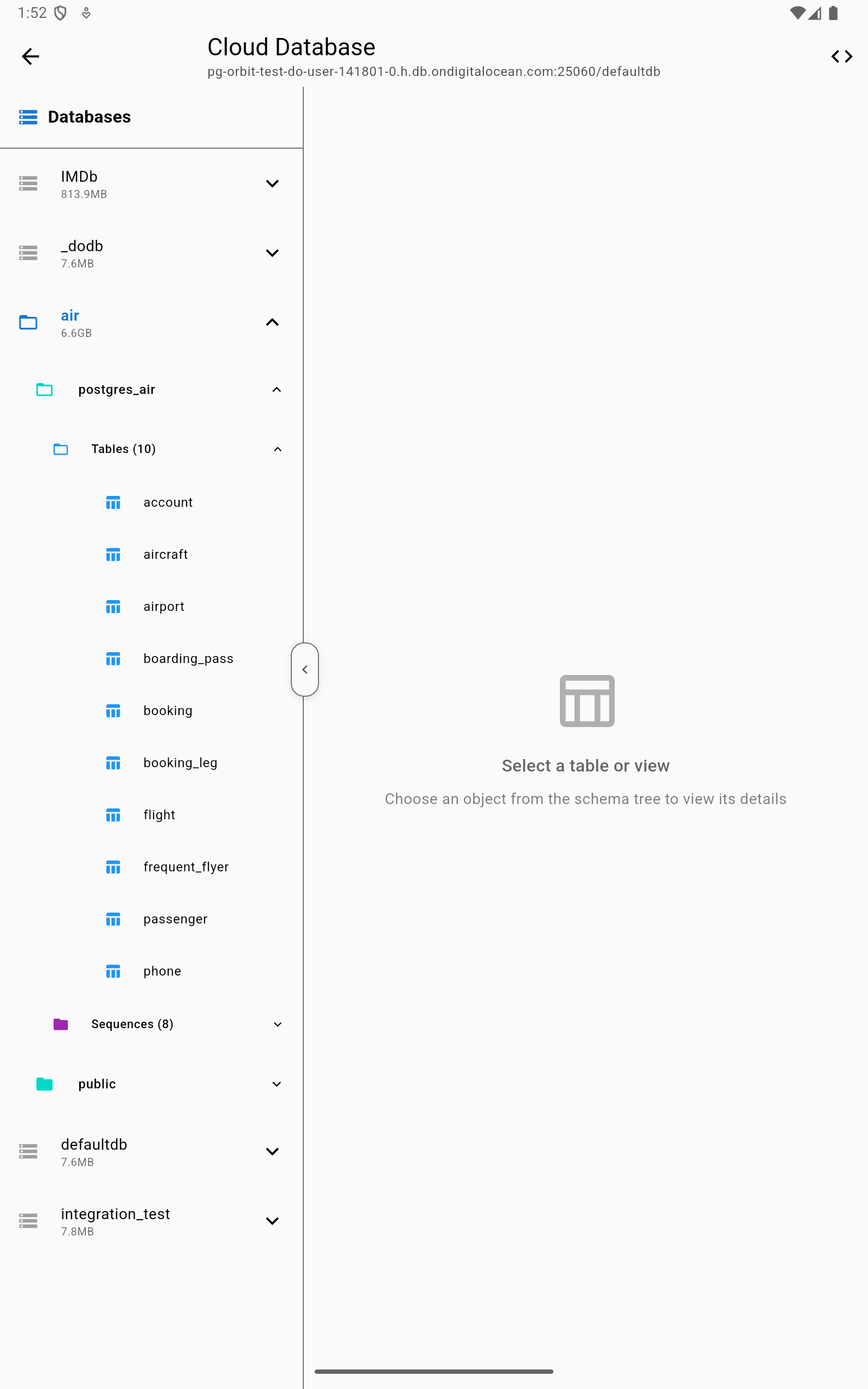 Database list on Android tablet