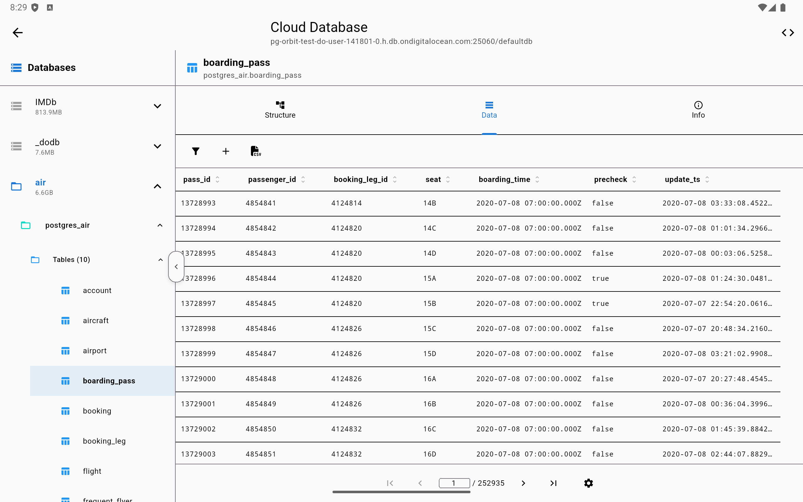 PG Orbit table data browser on tablet
