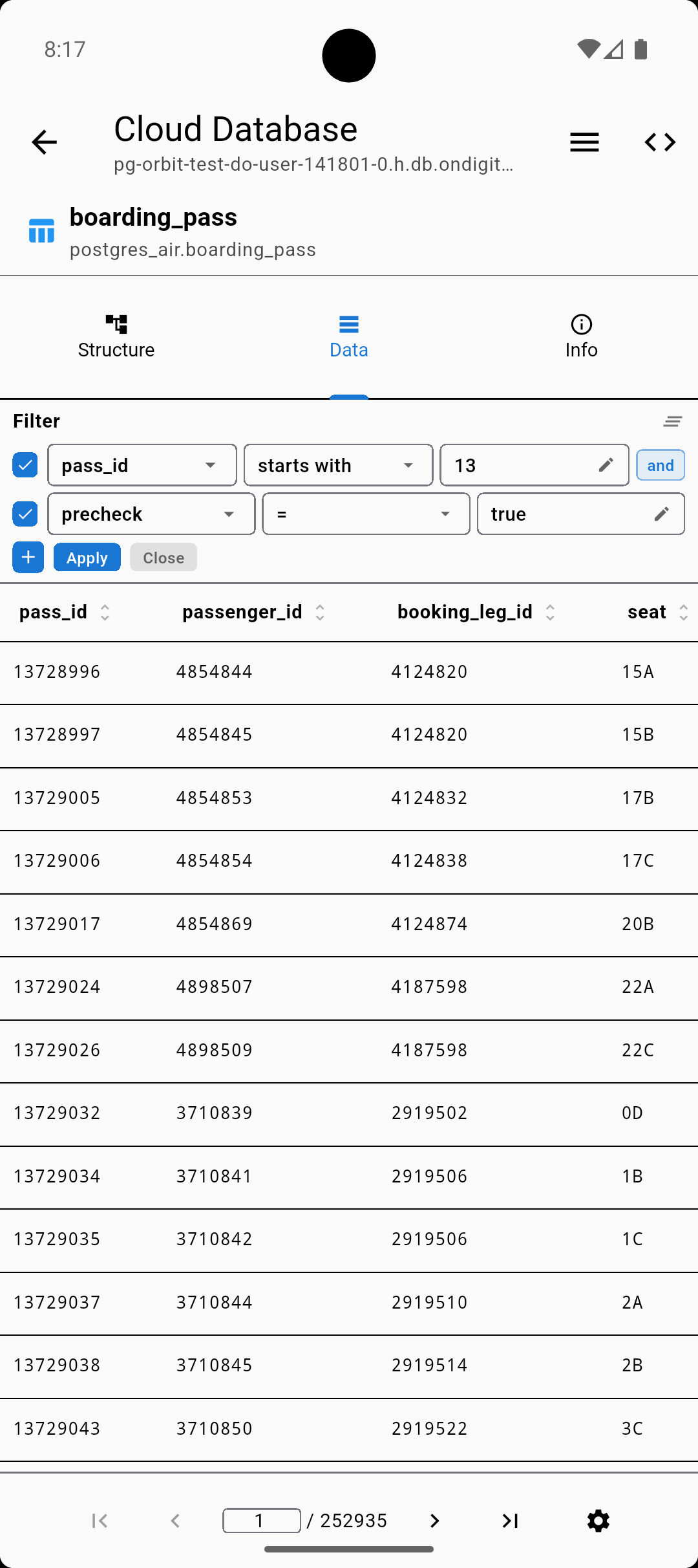 Table data with filters