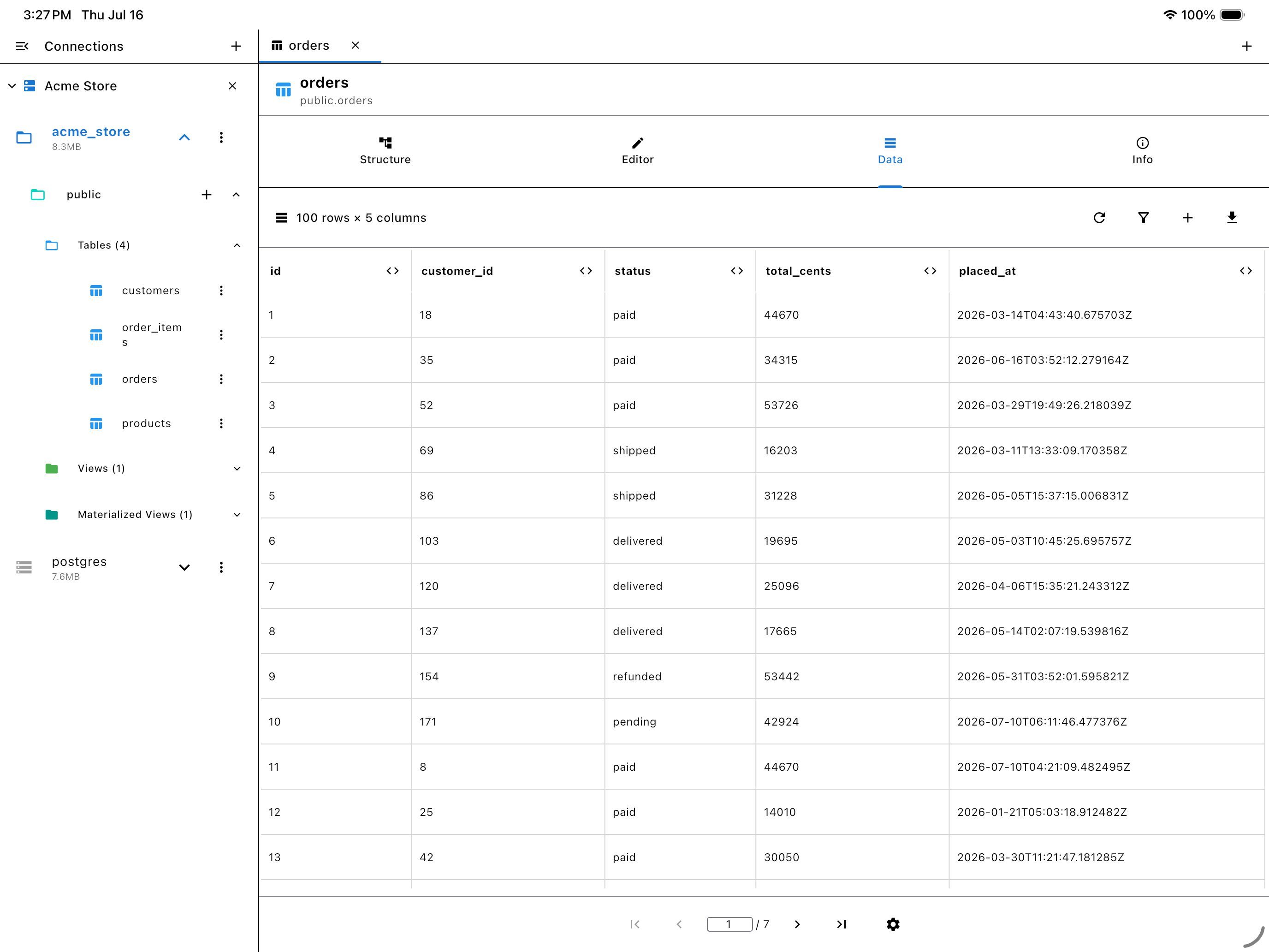 PG Orbit workspace on iPad Pro with connections sidebar, schema tree, and data grid, light mode