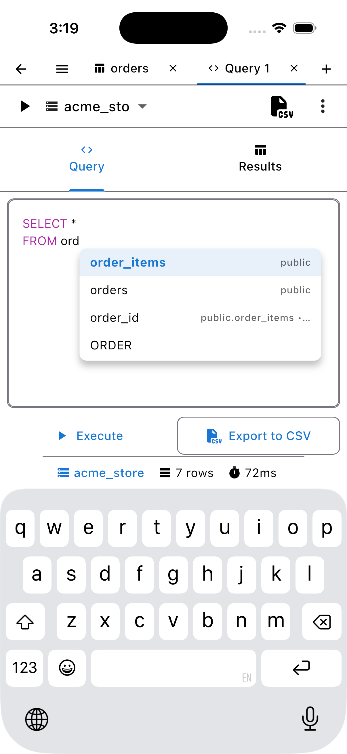 PG Orbit SQL editor on iPhone with autocomplete suggesting tables above the keyboard, light mode