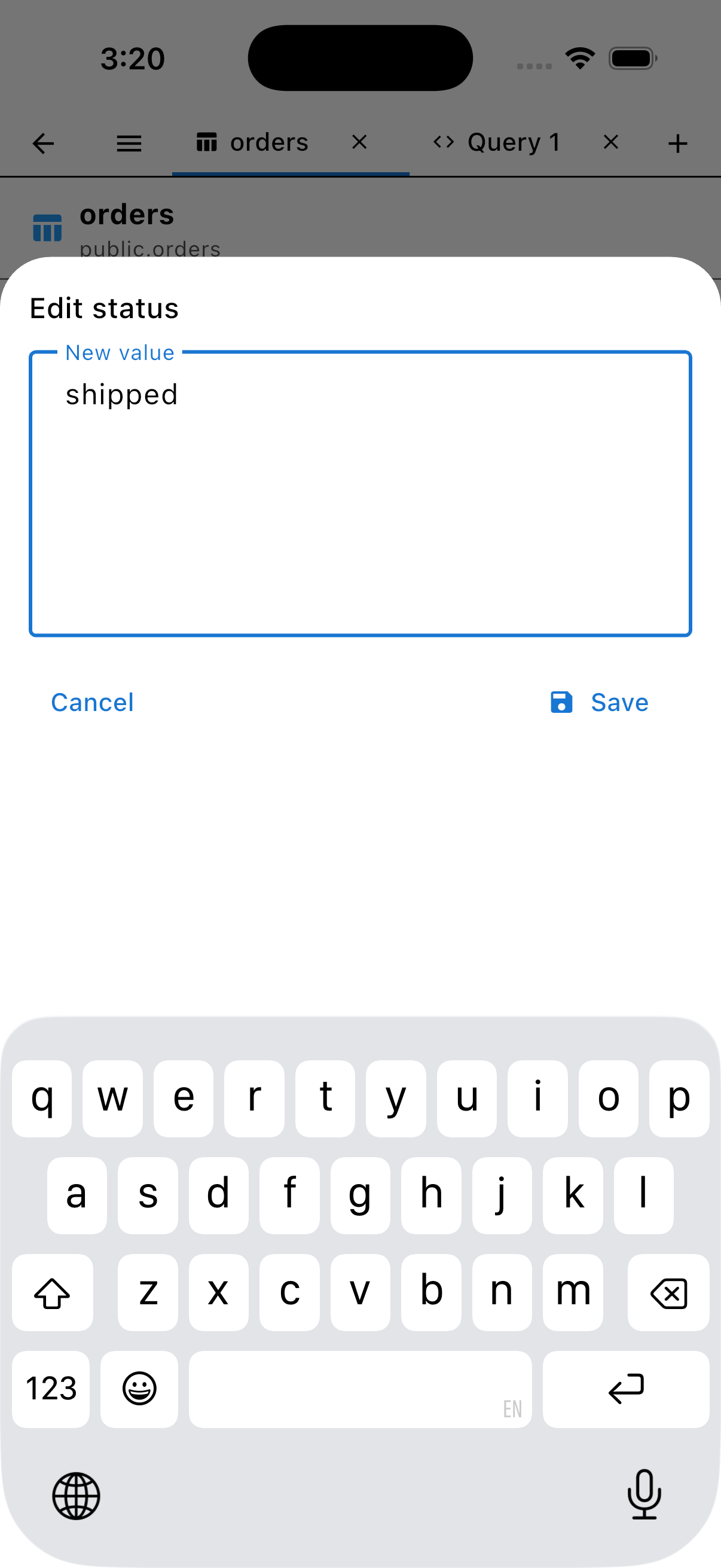 PG Orbit editing a cell value in place on iPhone, with the new value typed and a Save action, light mode