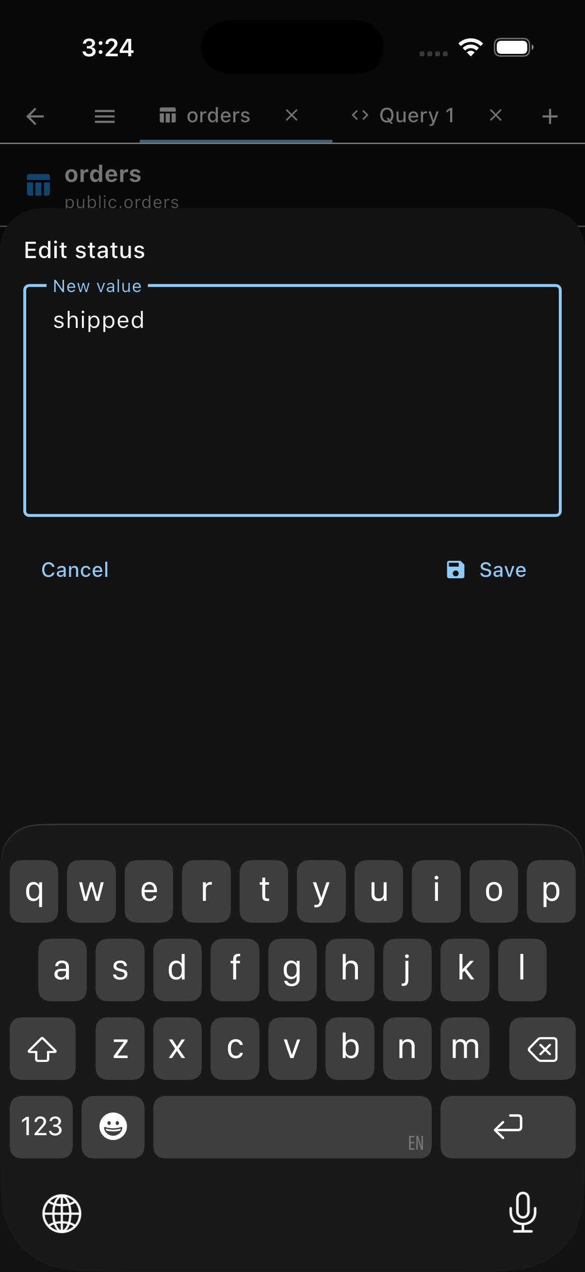 PG Orbit editing a status value in place on iPhone with the new value typed and a Save action, dark mode