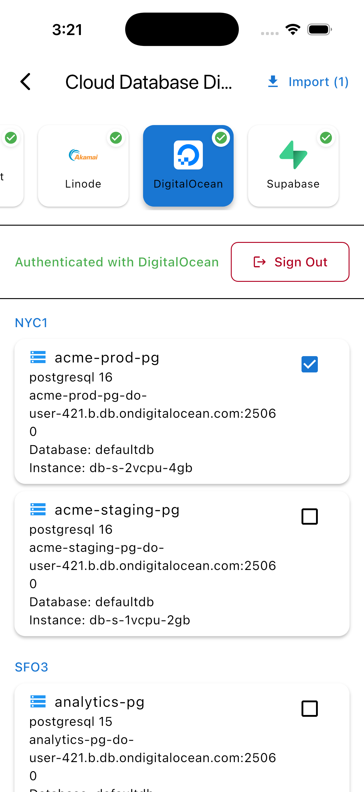 PG Orbit cloud discovery on iPhone authenticated with DigitalOcean, listing clusters by region with one selected for import, light mode