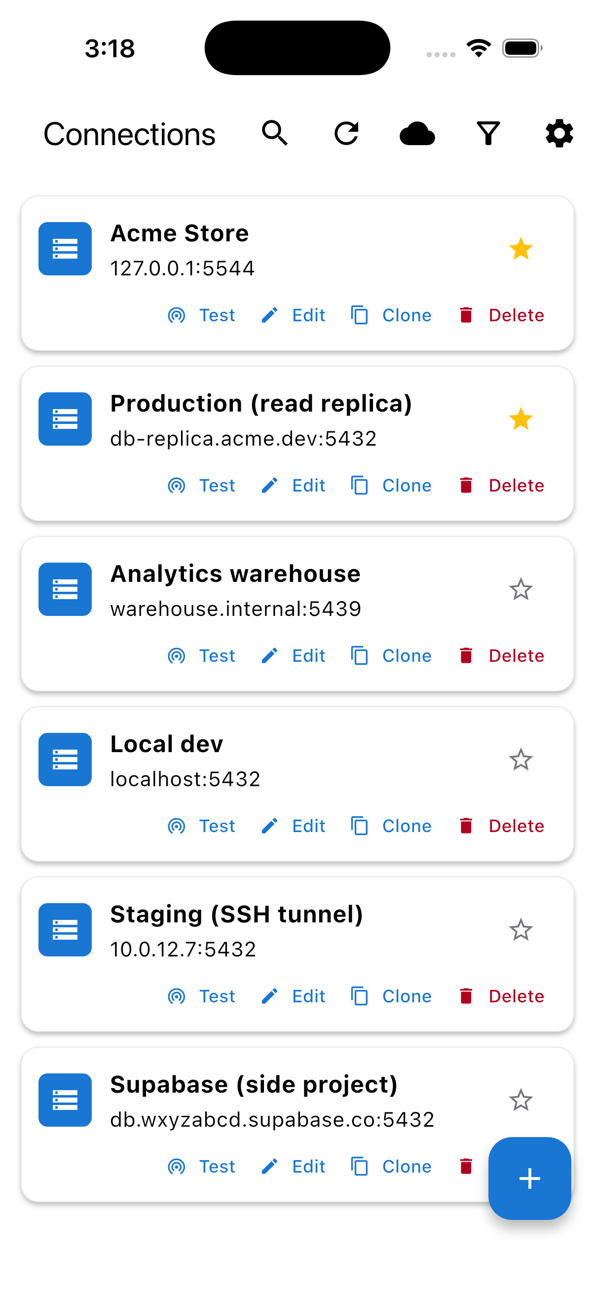 PG Orbit connections list on iPhone, light mode