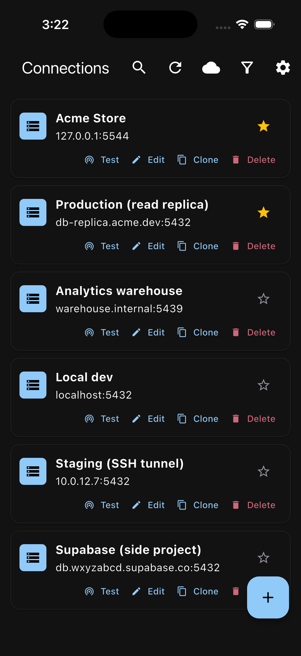 PG Orbit connections list on iPhone with an SSH tunnel connection, dark mode