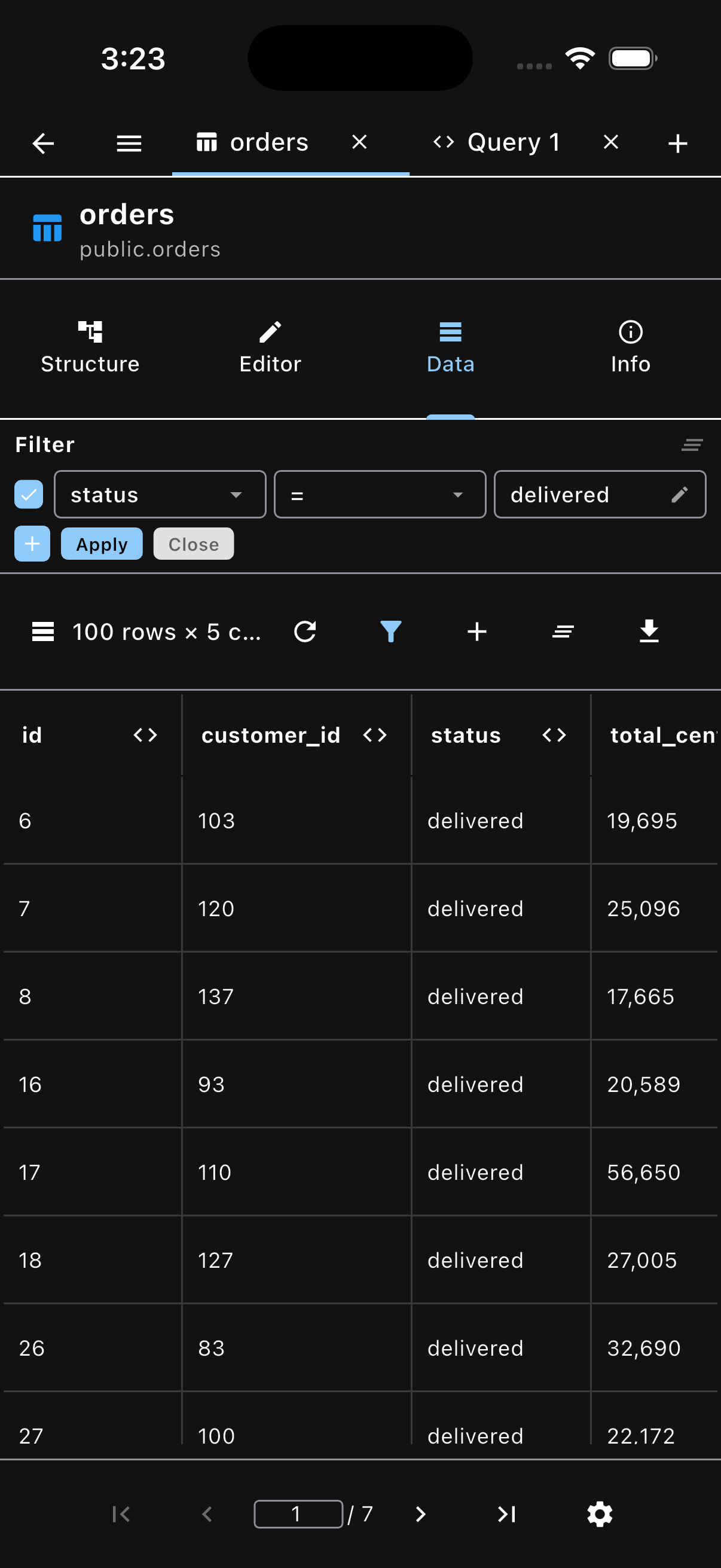 PG Orbit data grid on iPhone filtered to status = delivered with the filter row applied, dark mode