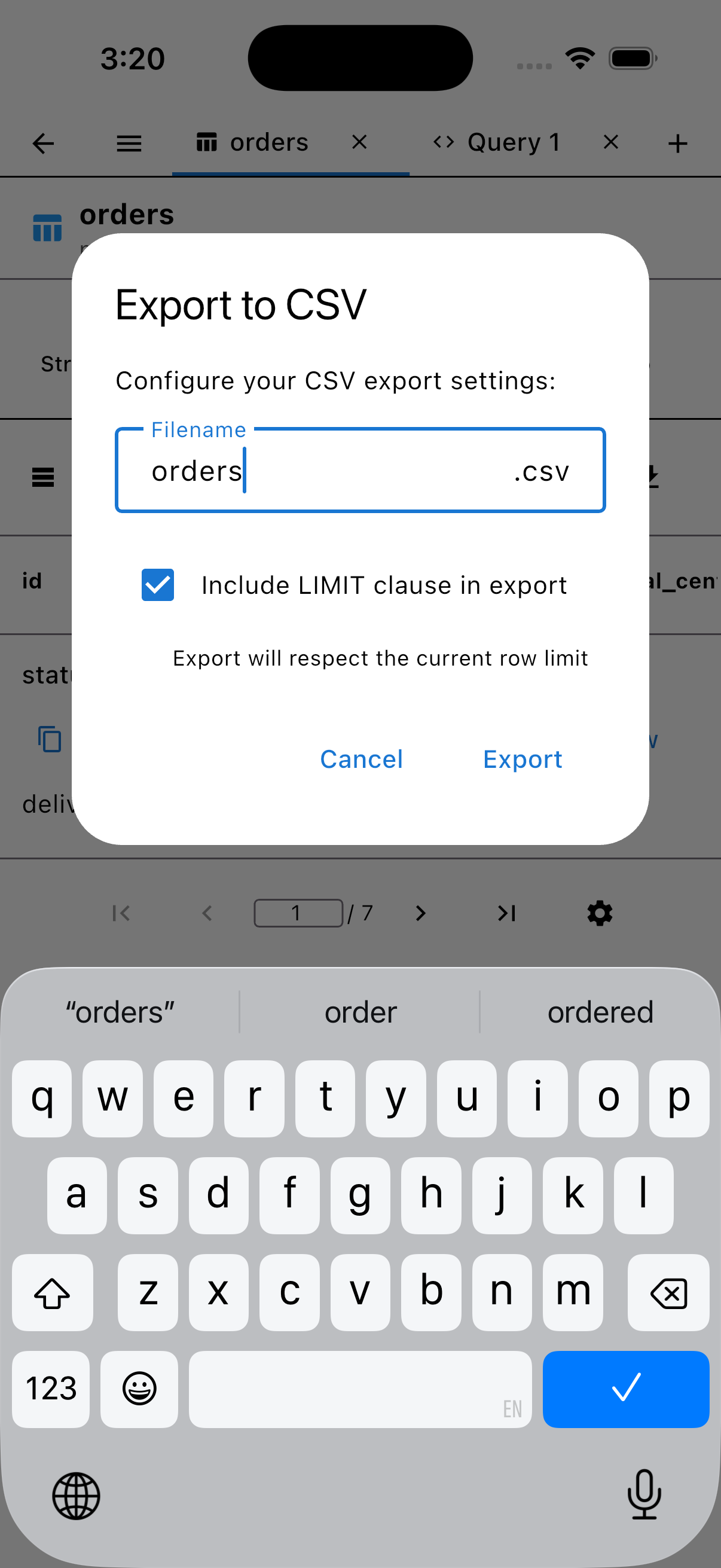 PG Orbit Export to CSV dialog on iPhone with filename and row-limit options, light mode