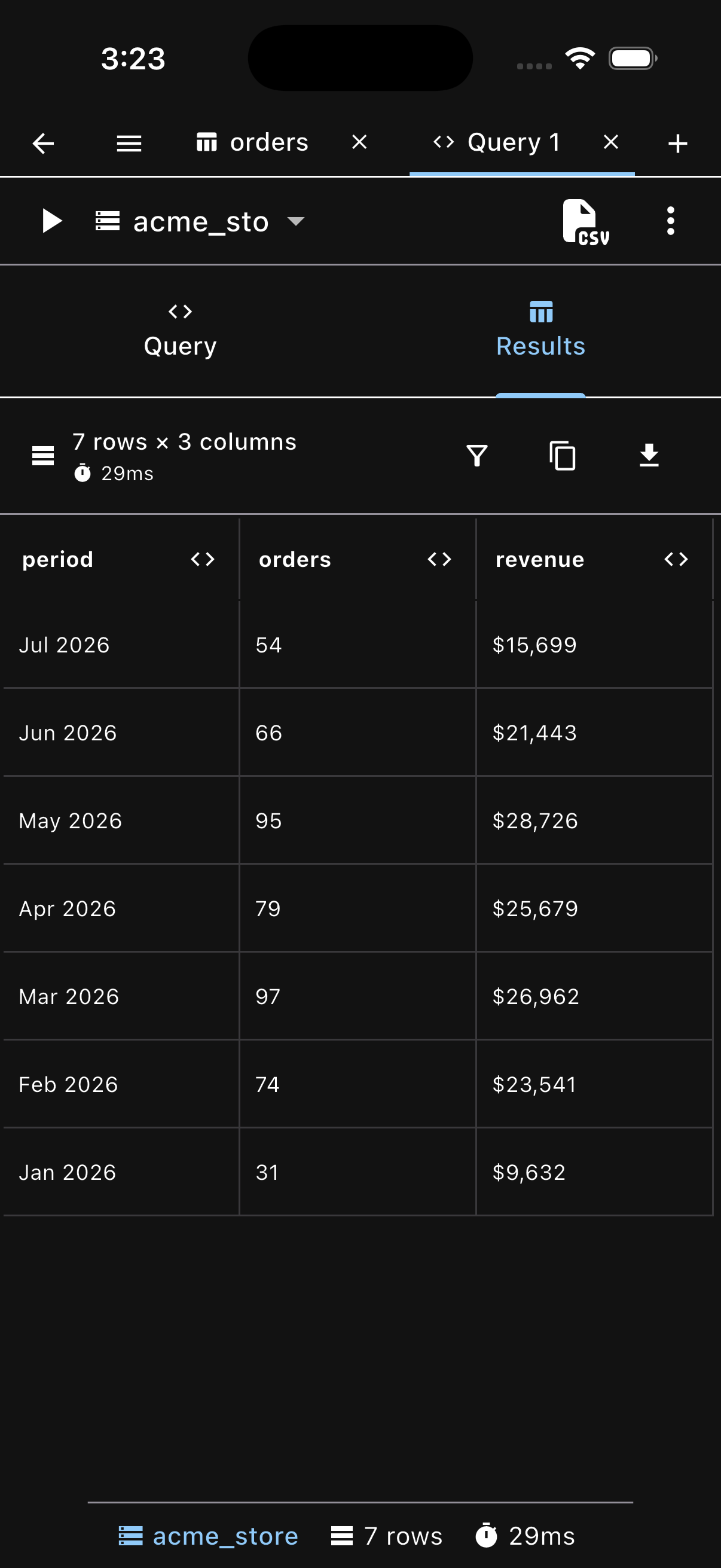 PG Orbit SQL editor on iPhone running a query with results, dark mode
