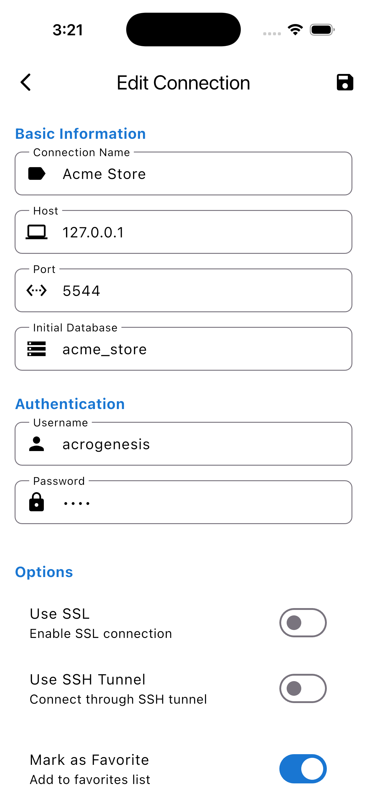 PG Orbit connection form on iPhone with SSL and SSH tunnel options, light mode