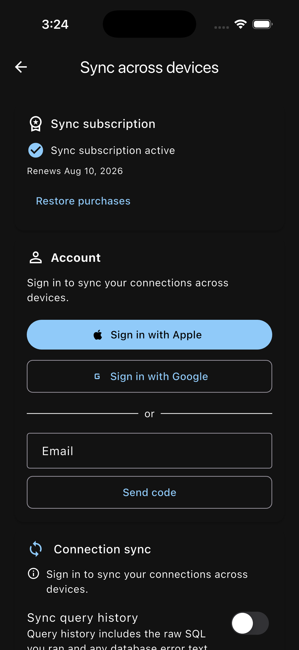 PG Orbit sync settings on iPhone with the query-history toggle off and its privacy notice visible, dark mode