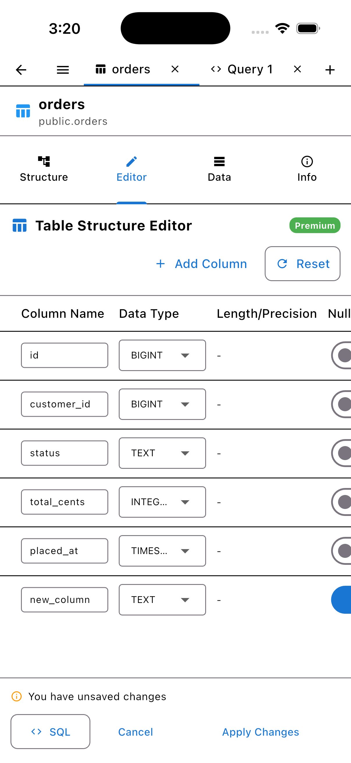 PG Orbit Table Structure Editor on iPhone with editable columns, type dropdowns, and an Apply Changes bar, light mode