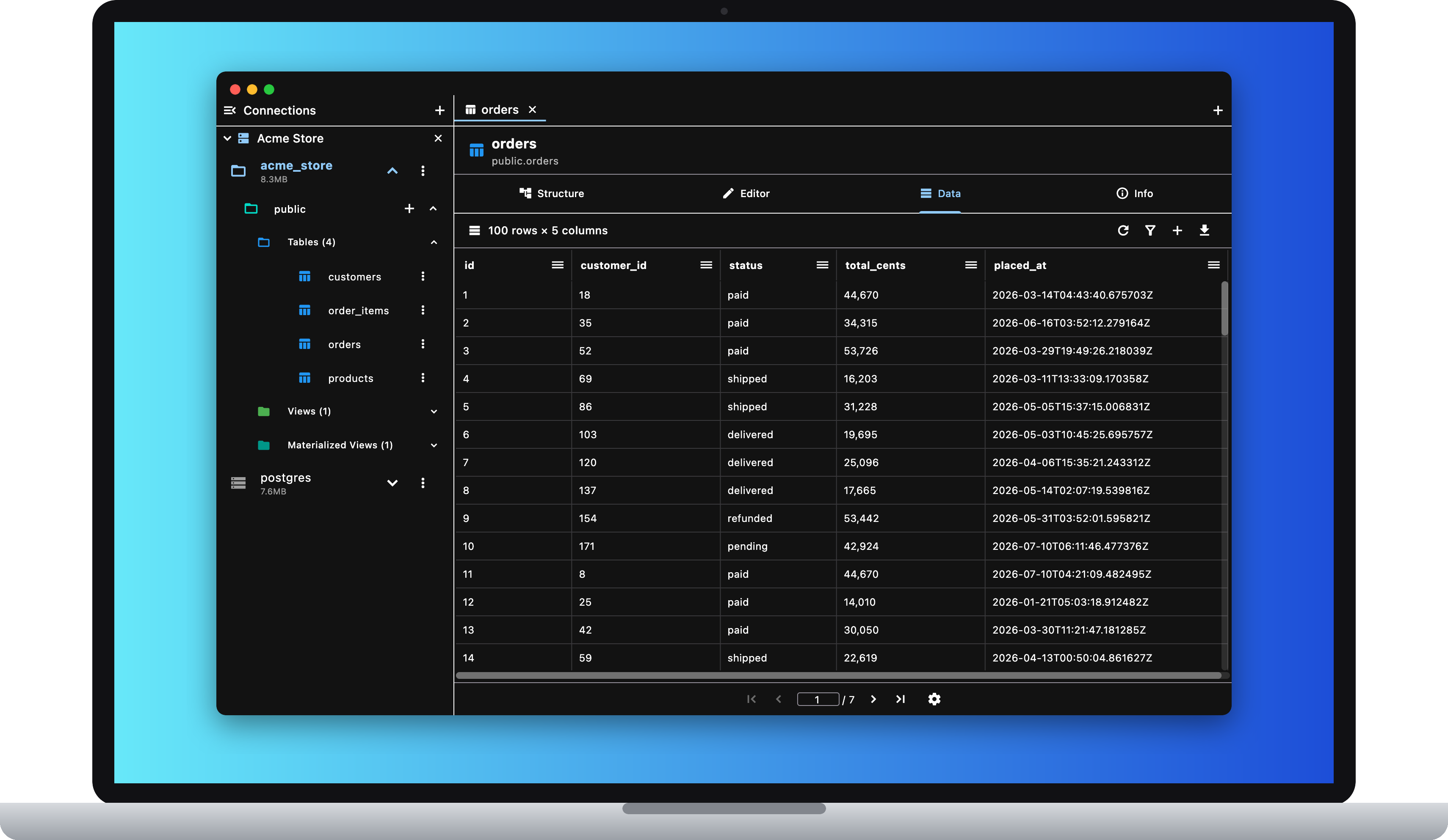 PG Orbit desktop workspace on macOS with connections sidebar, schema tree, tabs, and data grid, dark mode