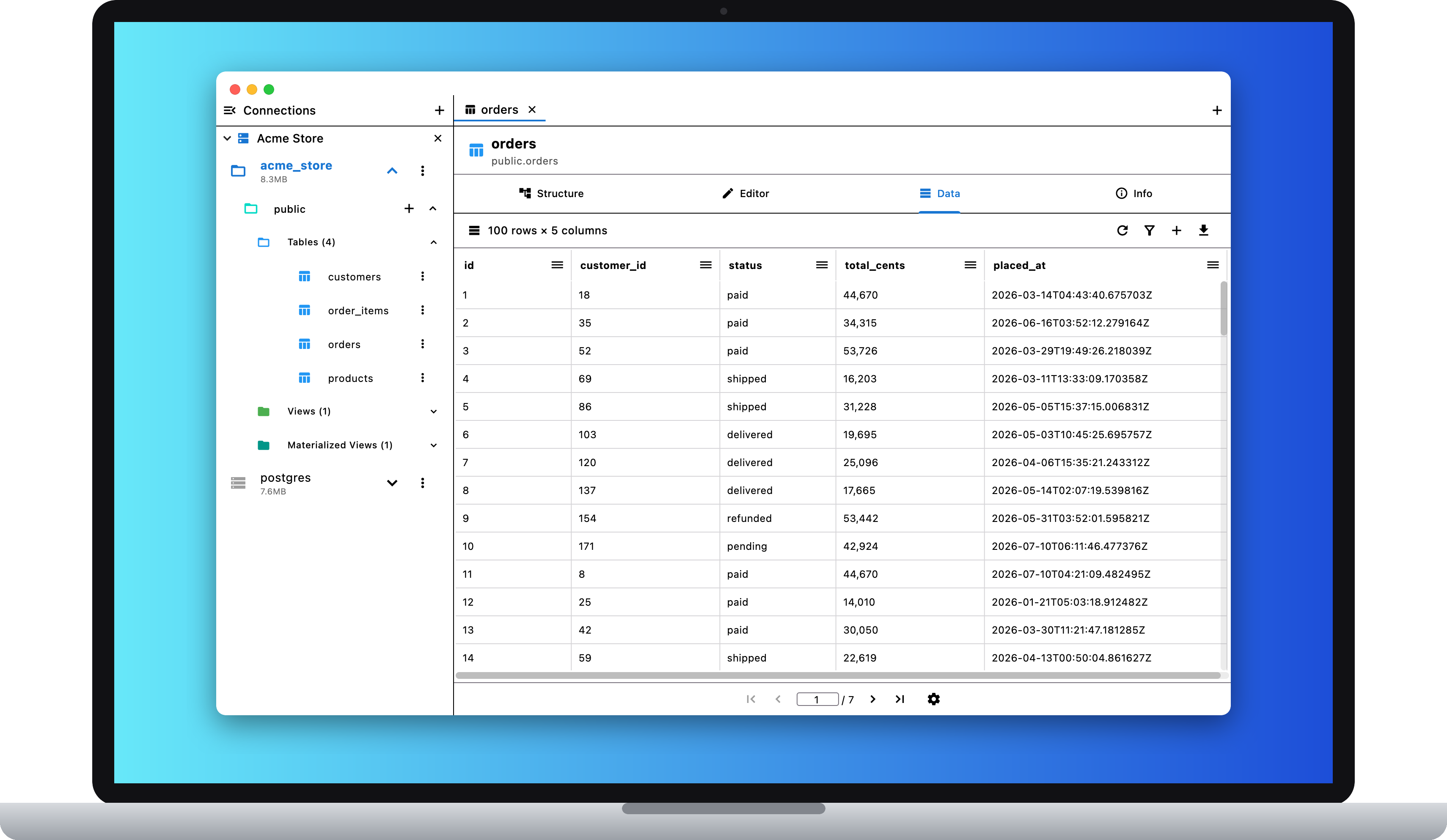 PG Orbit desktop workspace on macOS with connections sidebar, schema tree, tabs, and data grid, light mode